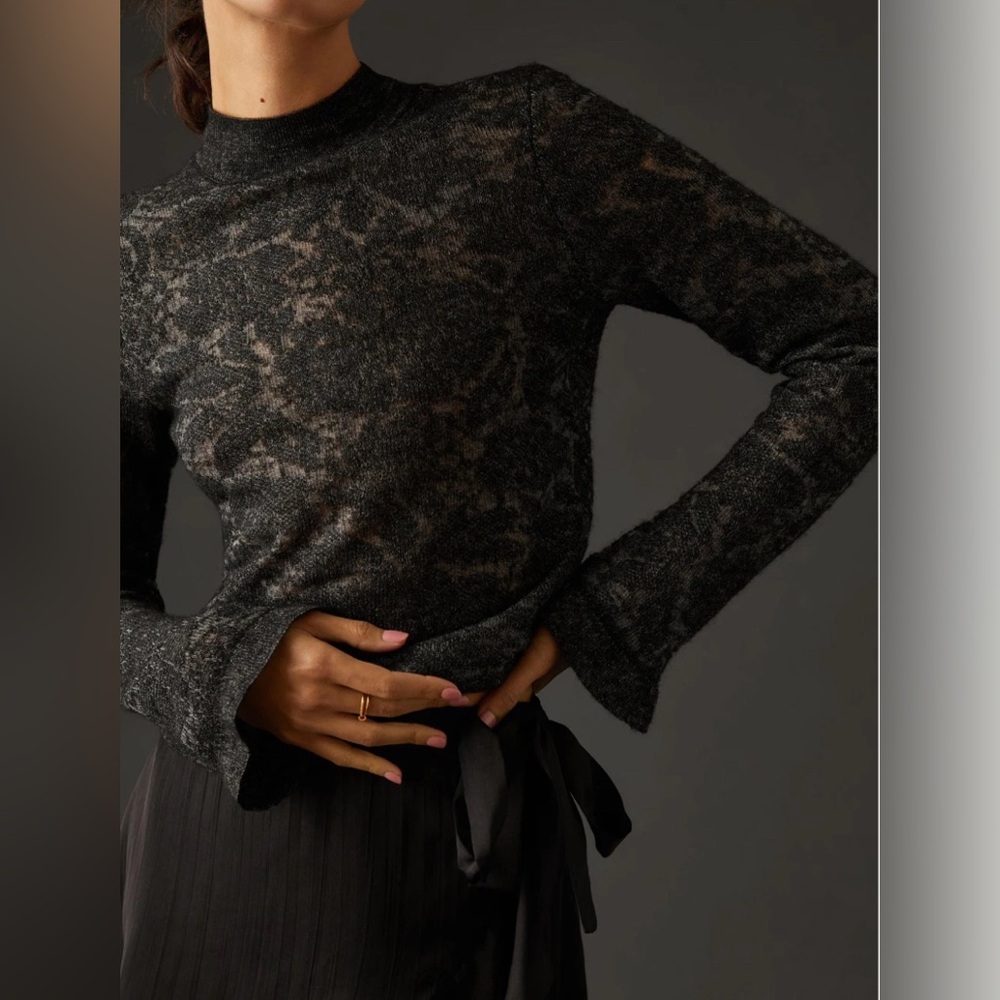 by Anthropologie Hanna Lace Merino Wool Mock Neck Sweater Sz M Black Sheer